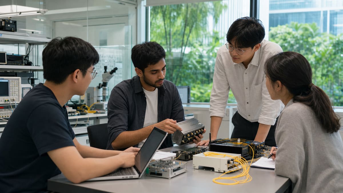 Singapore space-tech startup engineers inspecting compact satellite communications hardware in a laboratory.