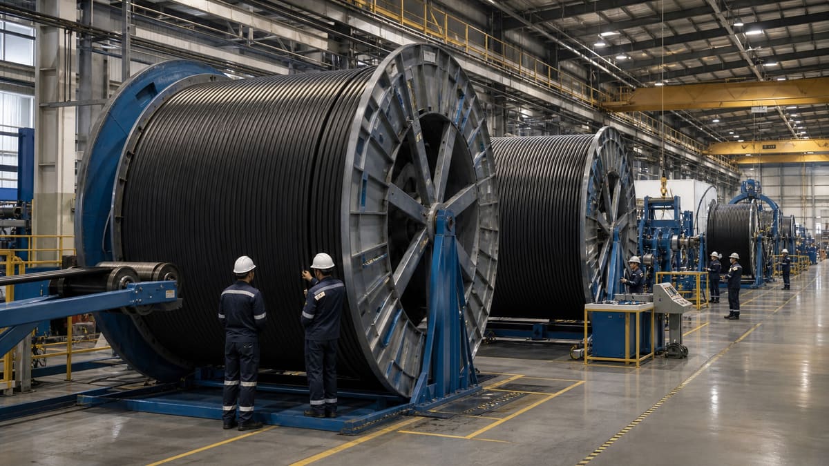 Large submarine cable drums on a modern factory floor with technicians inspecting the line.