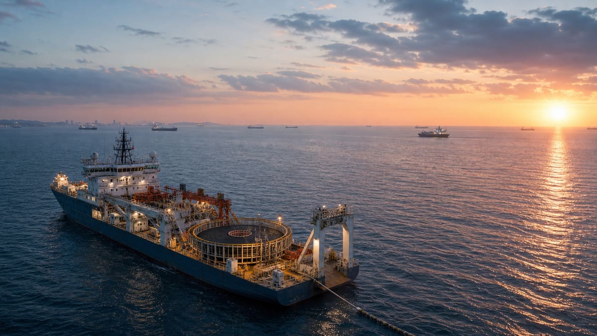 A cable-laying vessel working at sunrise with a cable carousel visible on deck.
