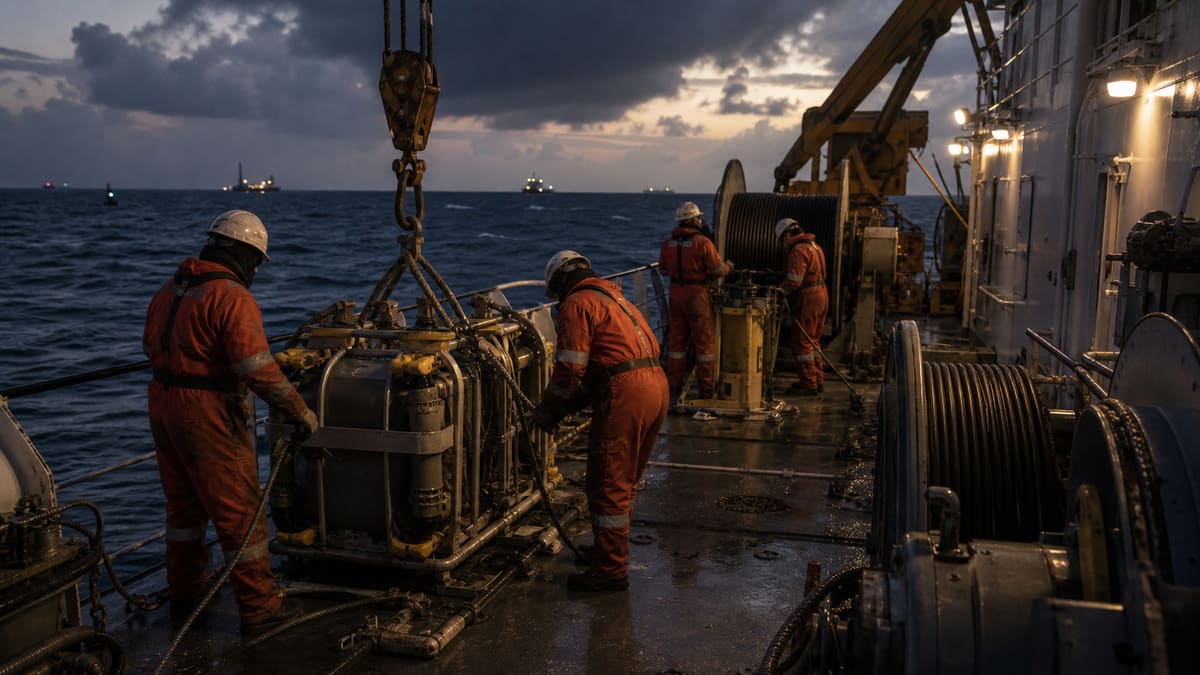 Cable repair crew preparing deck equipment on a specialist vessel at dusk.