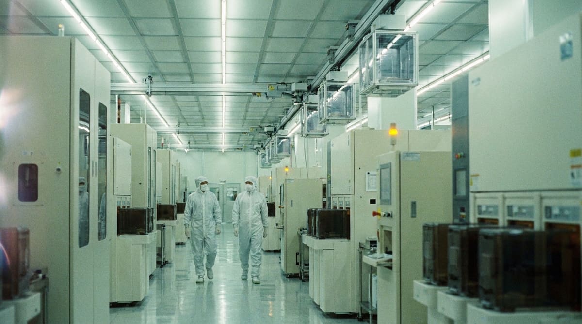 Two technicians in full cleanroom suits walking an aisle of lithography and deposition tools beneath an overhead FOUP transport rail in a 300 mm wafer fab.