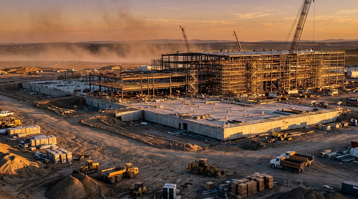 Tower cranes and steel superstructure over the concrete shell of a semiconductor fabrication plant under construction, with contractor vehicles staged across the graded site.