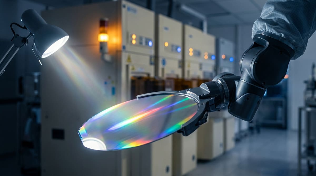 A robotic wafer handler holding an iridescent 300 mm silicon wafer under task lighting in a dim fabrication bay.